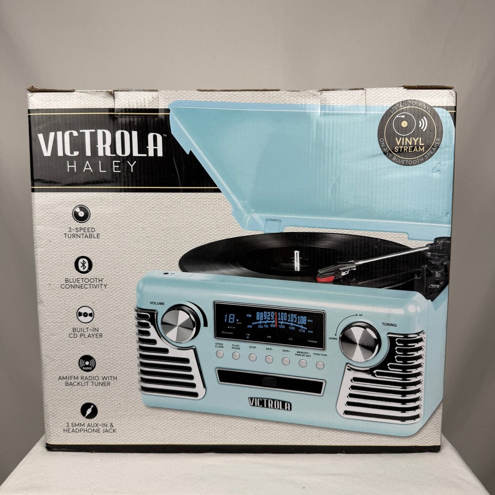 NEW Victrola Haley Retro 3-Speed Bluetooth Turntable CD Radio Blue V50-200